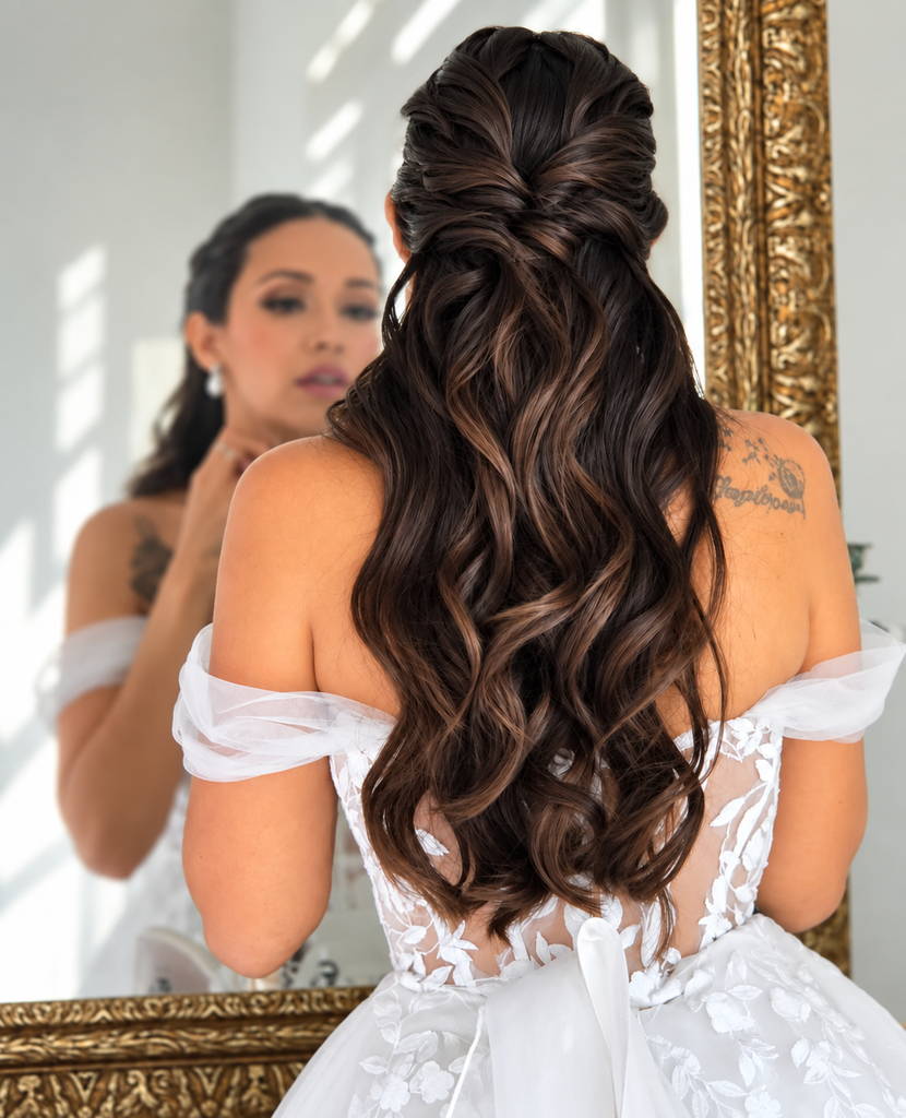 My half-up style with long brunette curls, viewed from behind in a mirror.