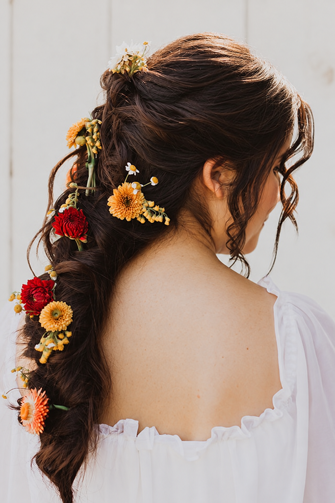 My loose braided style woven with orange and red flowers, viewed from behind.