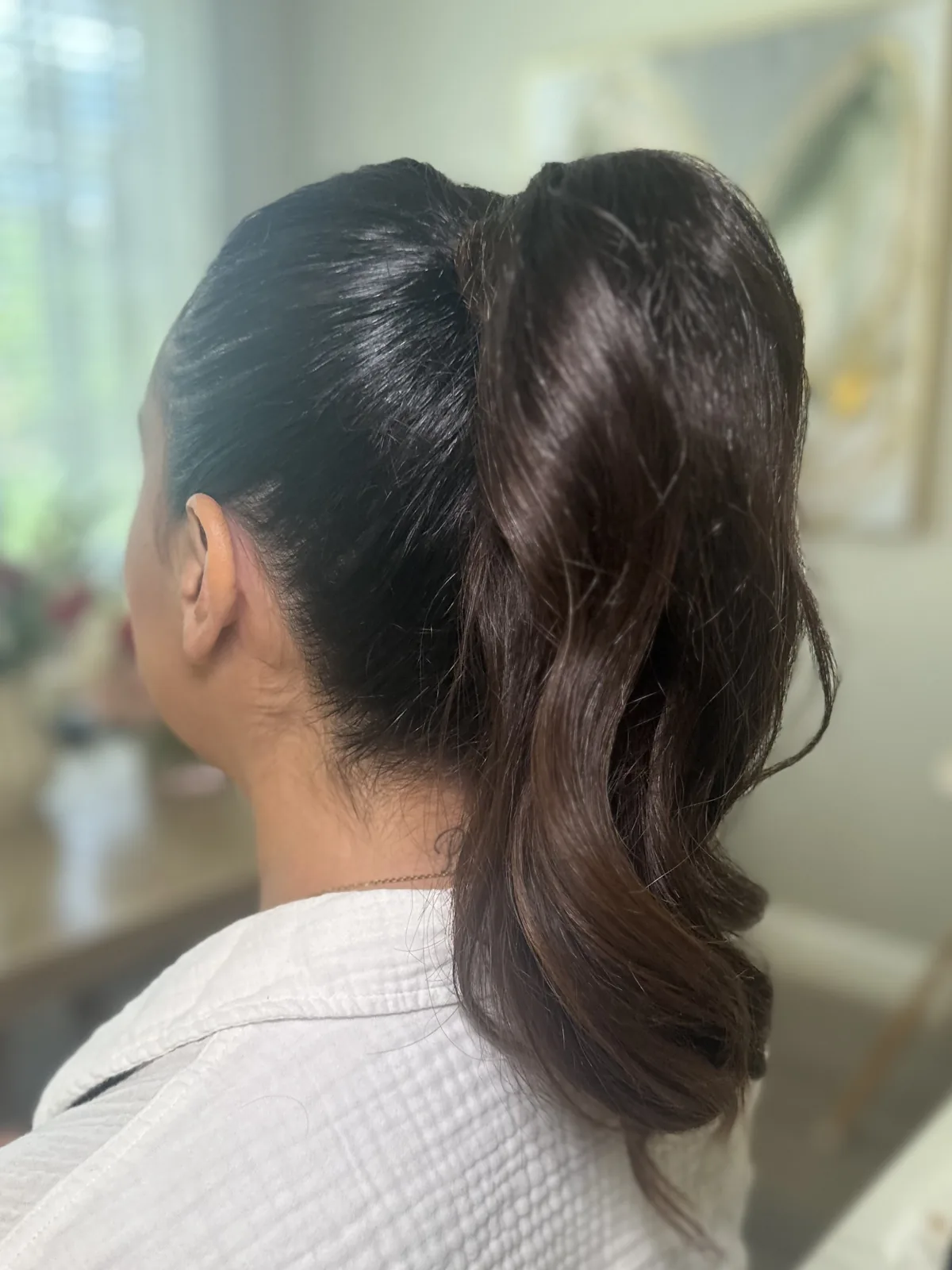 My sleek high ponytail with soft waves, viewed from behind.