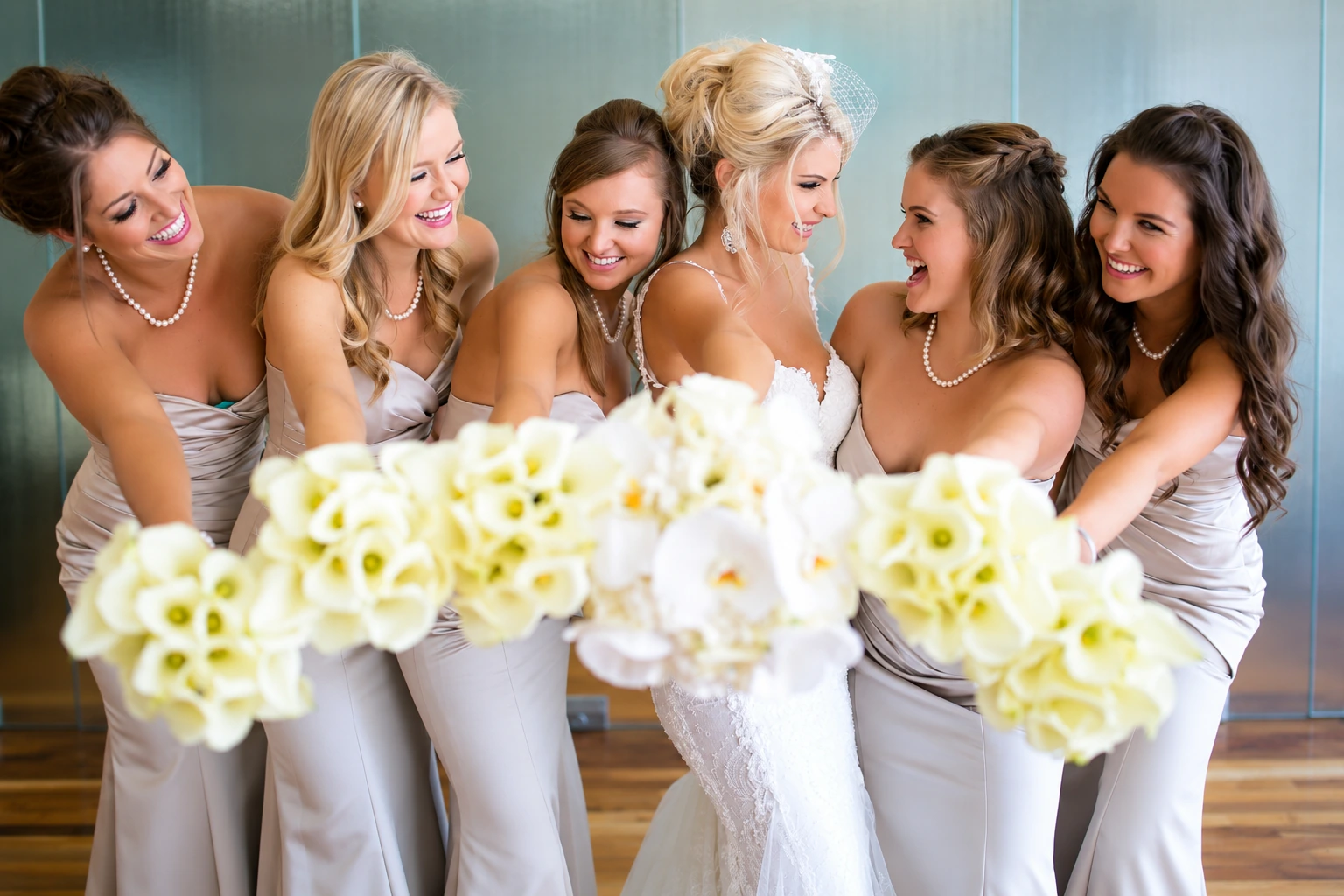My wedding-day makeup and hairstyling on a bride and her bridal party.